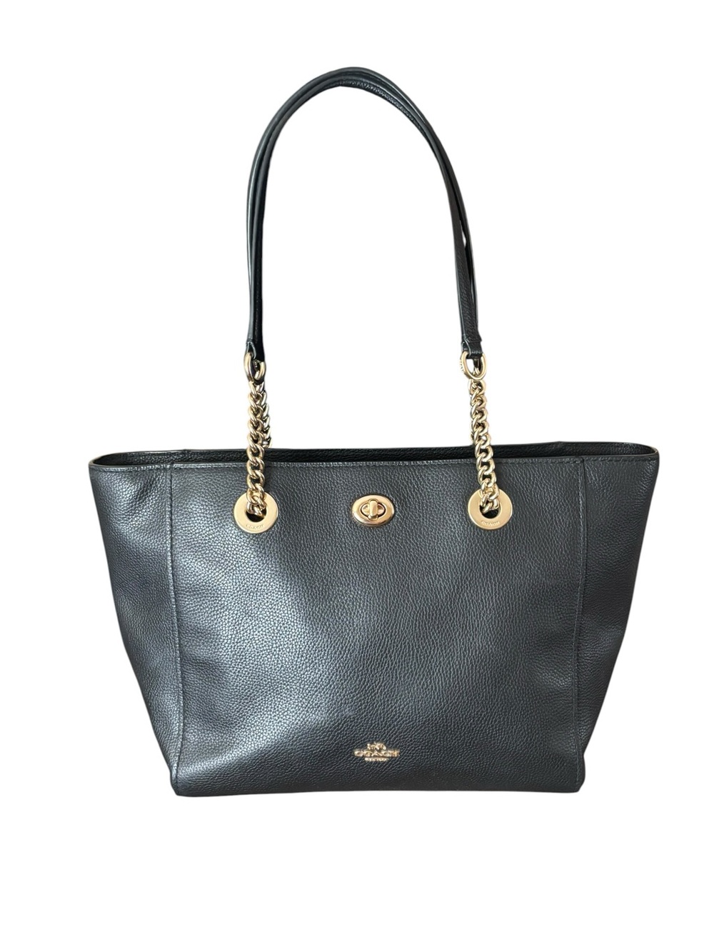 Coach Turnlock Chain Tote 27 Black Pebbled Leather Gold Chain Style 57107 - Picture 2 of 16